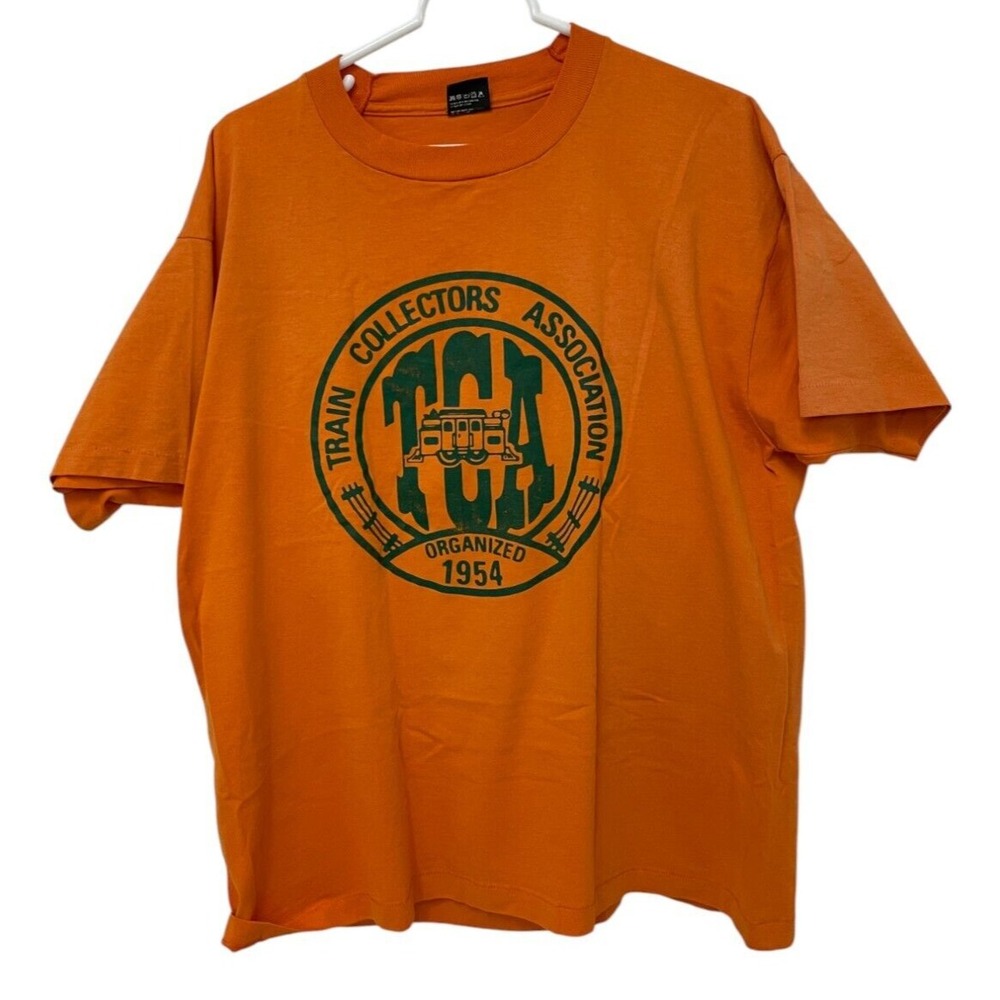 Vintage 80s Train Collectors Association‎ T Shirt Orange Mens Size XL